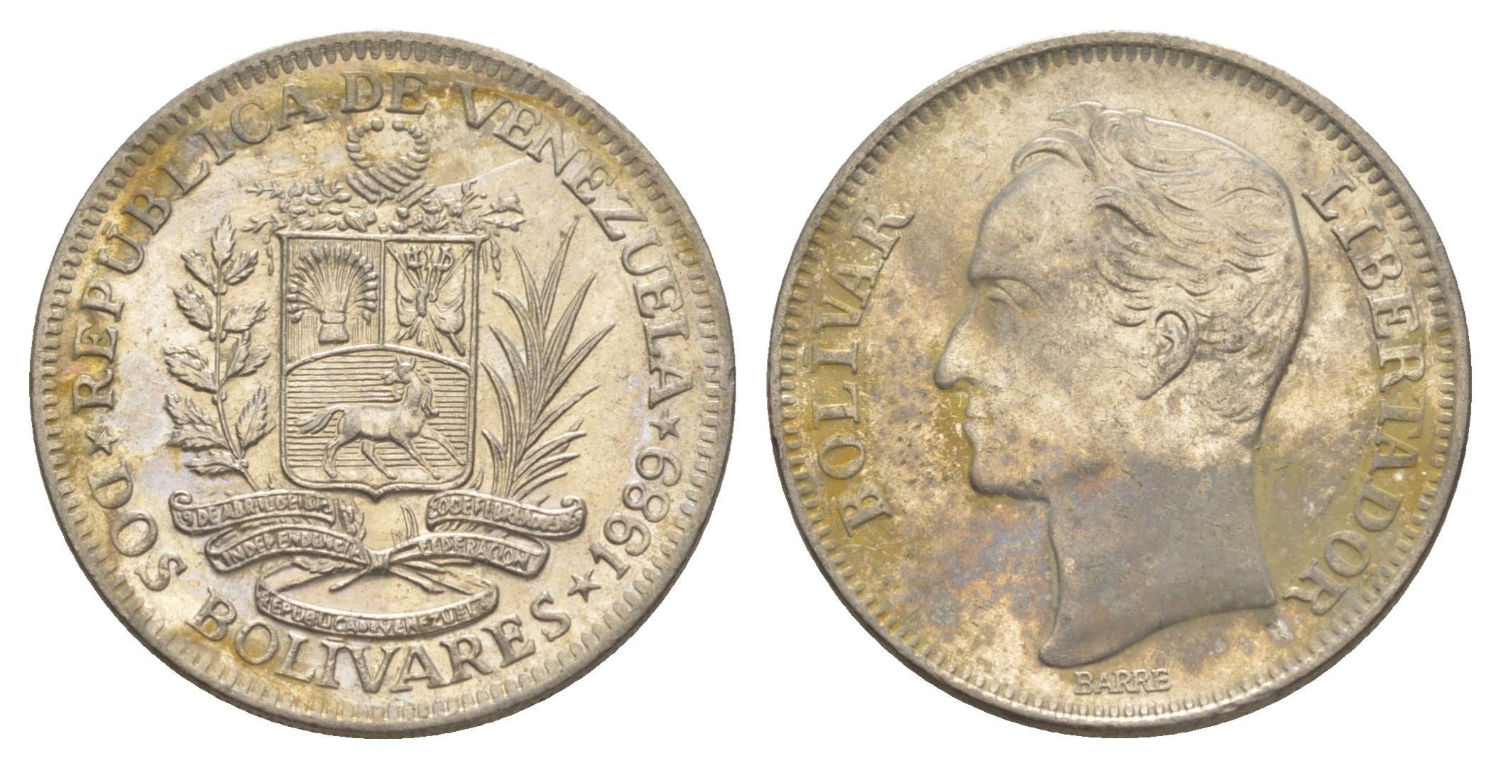 Венесуэла 2 боливара 1989 Симон Боливар Y 43a сталь плакированная никелем 4583-236