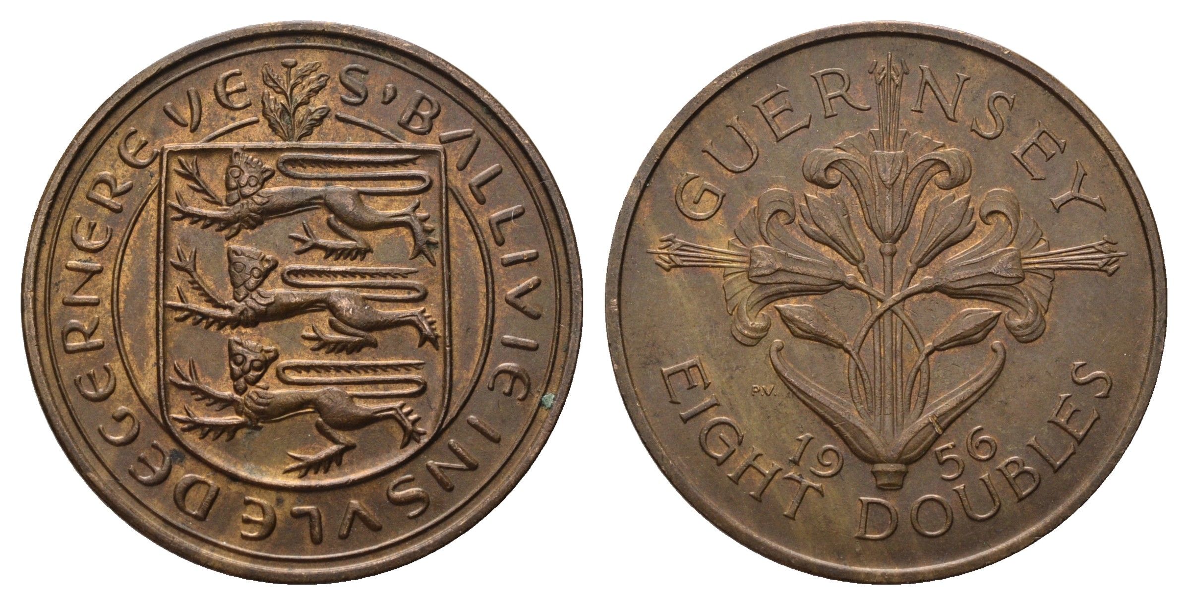 Гернси 8 даблов (дублей) 1956 KM 16 бронза 4593-843