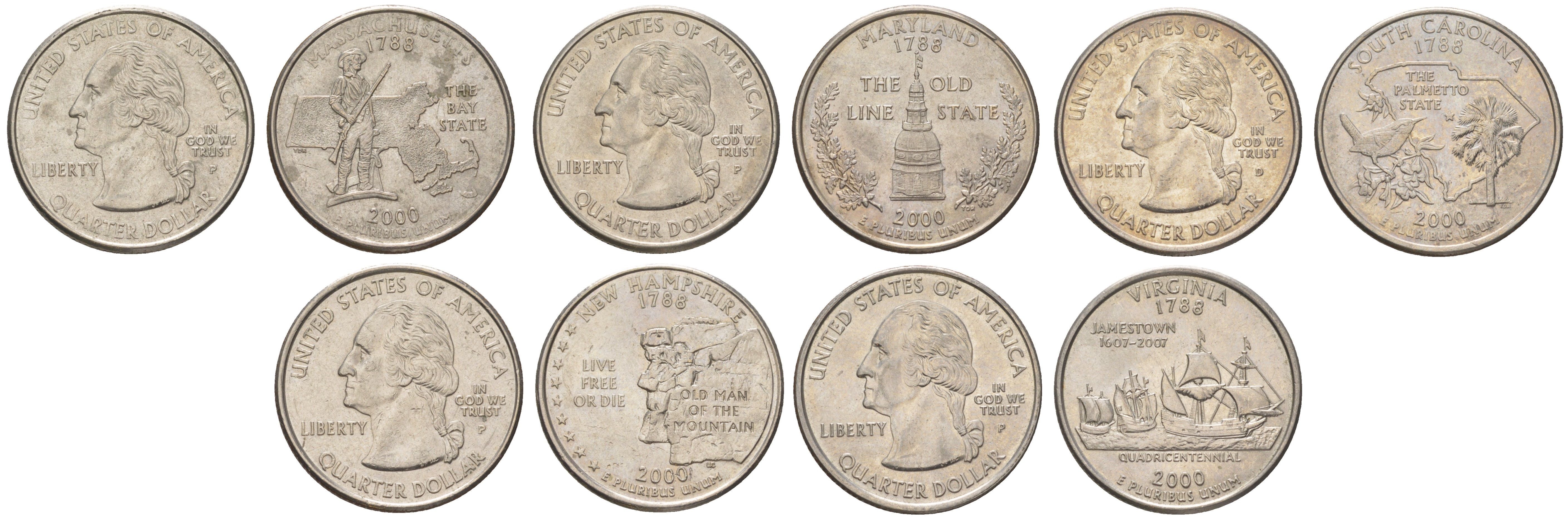 США годовой набор из 5 монет (25 центов, квотер, 1/4 доллара) серии квотеры 50 штатов 2000 Квотер штата Массачусетс, Мэриленд, Южная Каролина, Нью-Гэмпшир и Вирджиния KM 305, 306, 307, 308 и 309 медь плакированный медно-никелем UNC 4628-1131-1135
