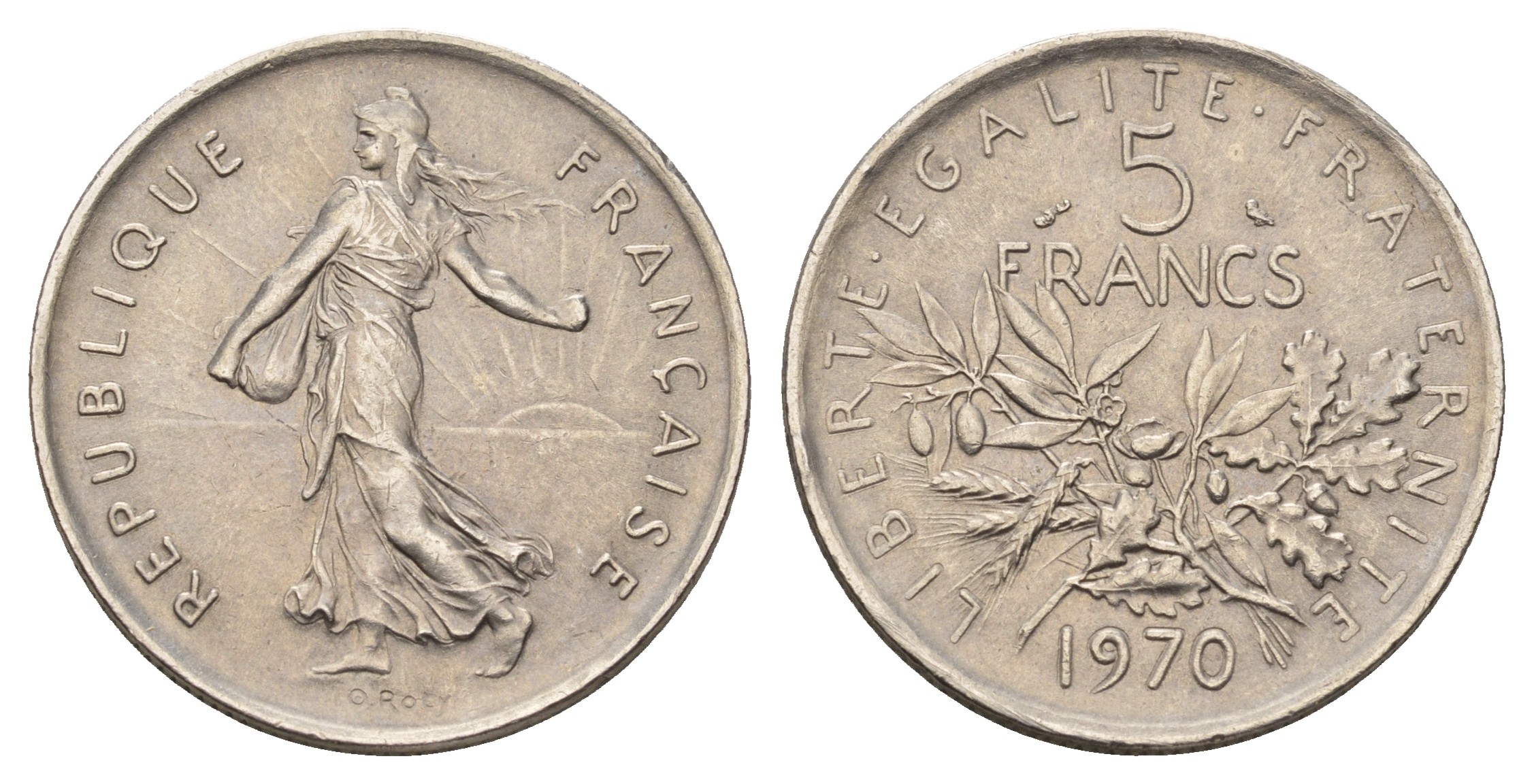 Франция 5 франков 1970 сеятель, тип Semeuse KM 926a.1, Le Franc 341.2 медно-никель плакированный никелем 4683-144