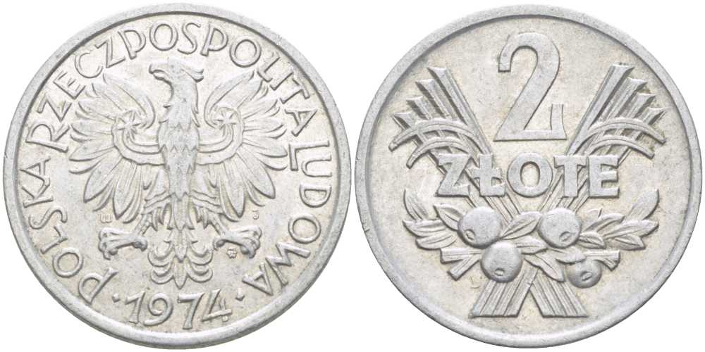 ПОЛЬША 2 ЗЛОТЫХ 1974 MW KM 46 алюминий 4402-113