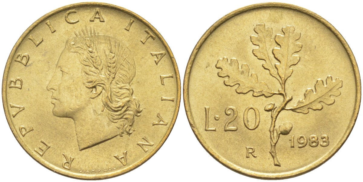 Италия 20 лир 1983 R, дубовый лист KM 97.1 алюминиевая бронза 4525-623