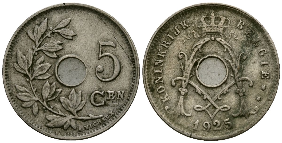 Бельгия 5 сантимов 1925 Belgie KM 67 медно-никель 4173-267