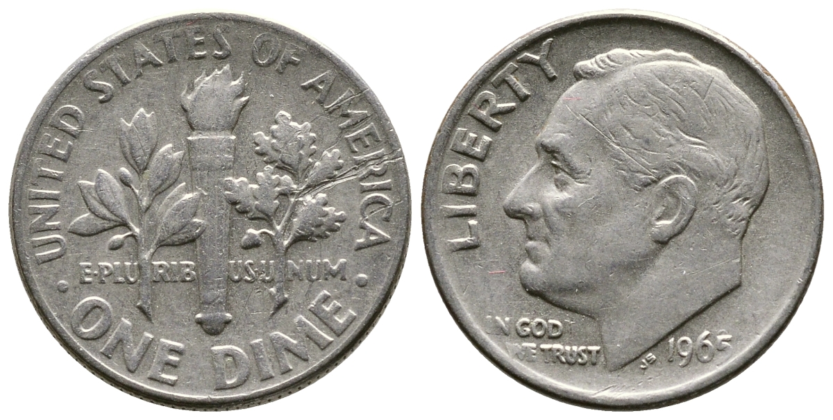 США 10 ЦЕНТОВ = 1 ДАЙМ 1965 РУЗВЕЛЬТ KM 195а медь плакированная медно-никелем 37-216