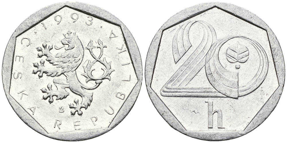 ЧЕХИЯ 20 ГЕЛЛЕРОВ 1993 KM 2.1 алюминий UNC 540-255