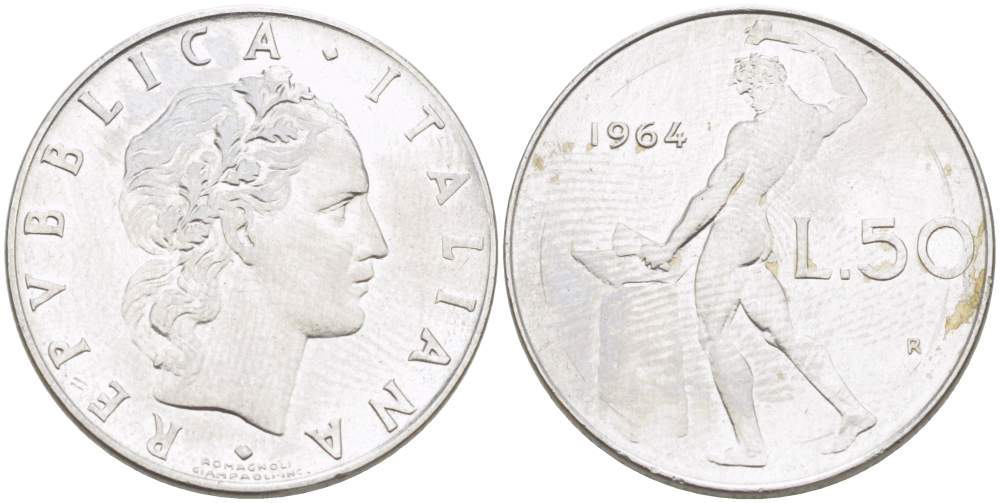 ИТАЛИЯ 50 ЛИР 1964 R, КУЗНЕЦ, ВУЛКАН БОГ ОГНЯ, ДИАМЕТР 25 ММ. KM 95.1 нержавеющая сталь 4402-612