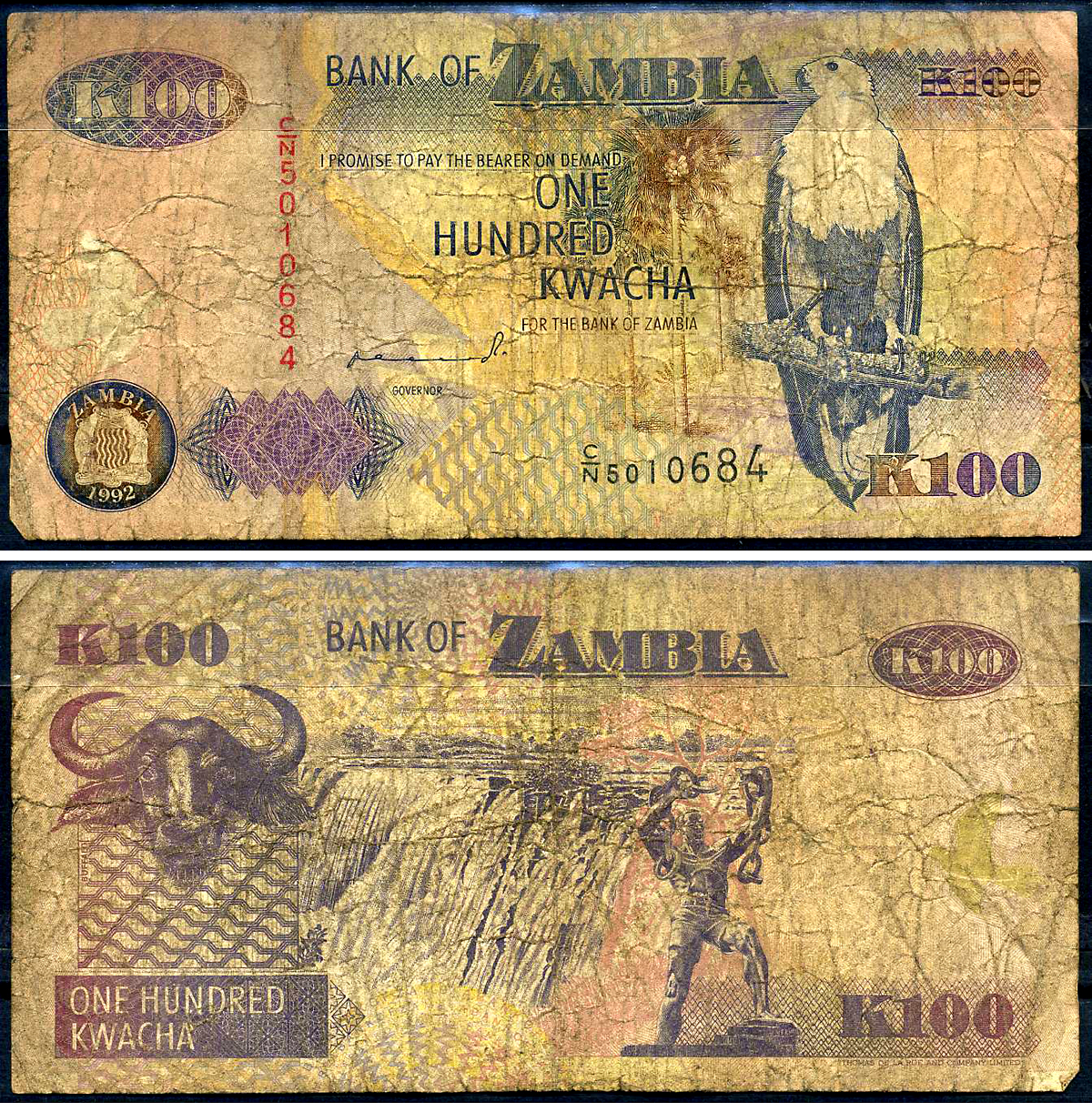 Замбия 100 квач 1992 орлан крикун, водопад Виктории, подпись Mulaisho Pick 38 а бумага 7548-88-4-2