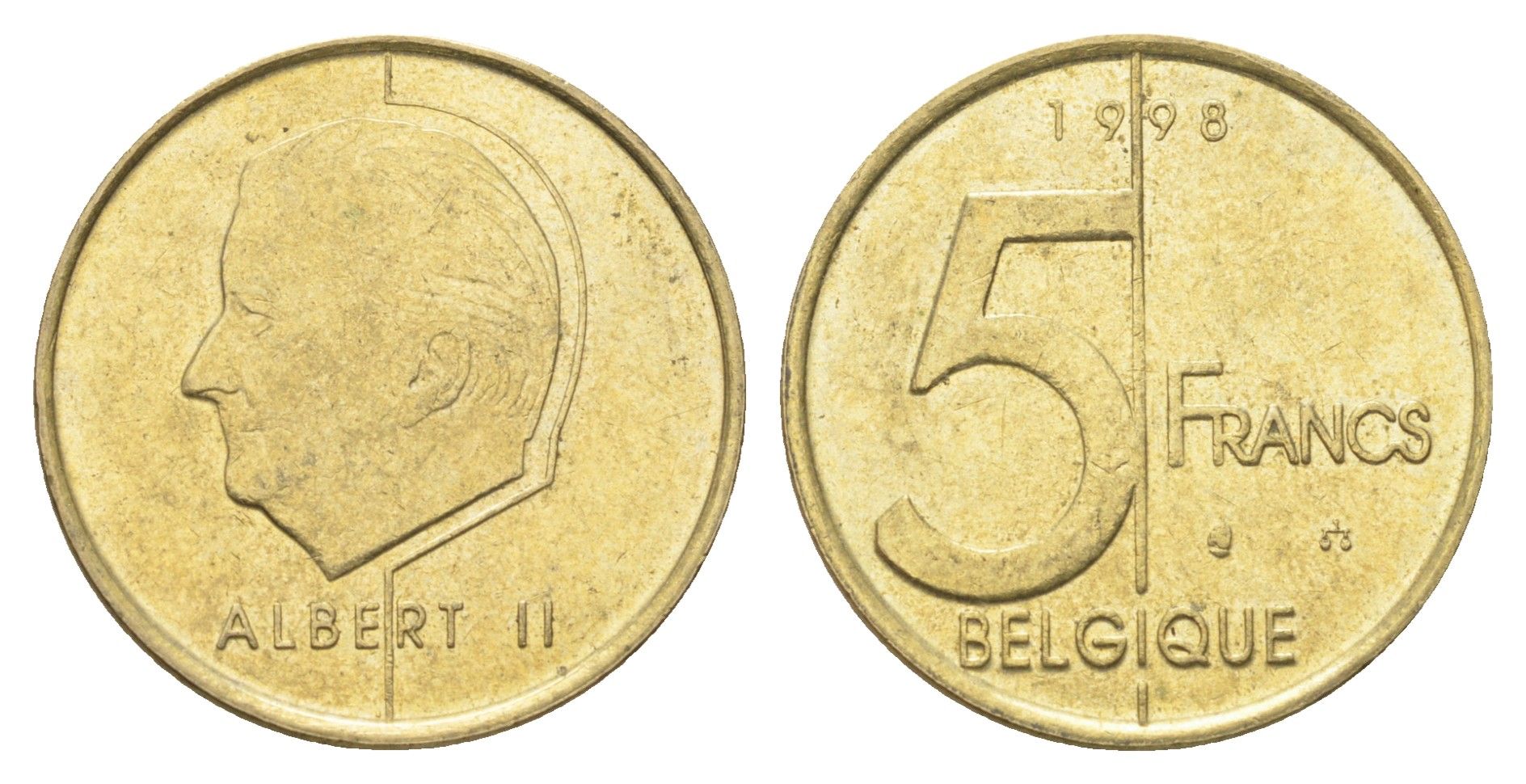 Бельгия 5 франков 1998 Belgique, Альберт II KM 189 алюминиевая бронза 4706-354