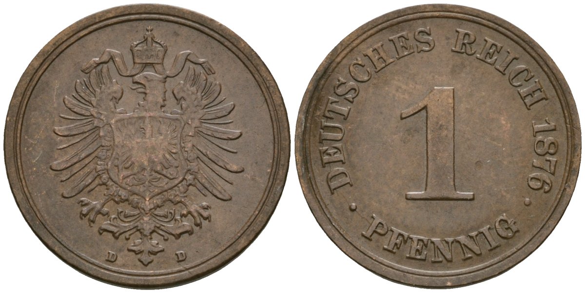 Германия 1 пфенниг 1876 D, Вильгельм I (1871-1888) KM 1, J. 1 медь 4173-829