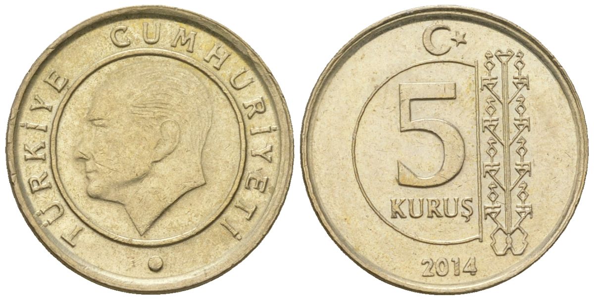Турция 5 курушей 2014 KM 1240 медь цинк никель 4602-1043
