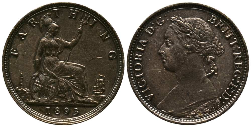 Великобритания 1 фартинг 1893 Виктория (1837-1901) KM 753, Spink 3958 бронза  1518-334