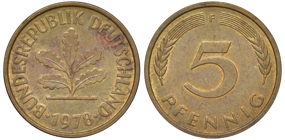 ФРГ 5 пфеннигов 1978 F KM 107, J.382 сталь плакированная латунью 4174-526