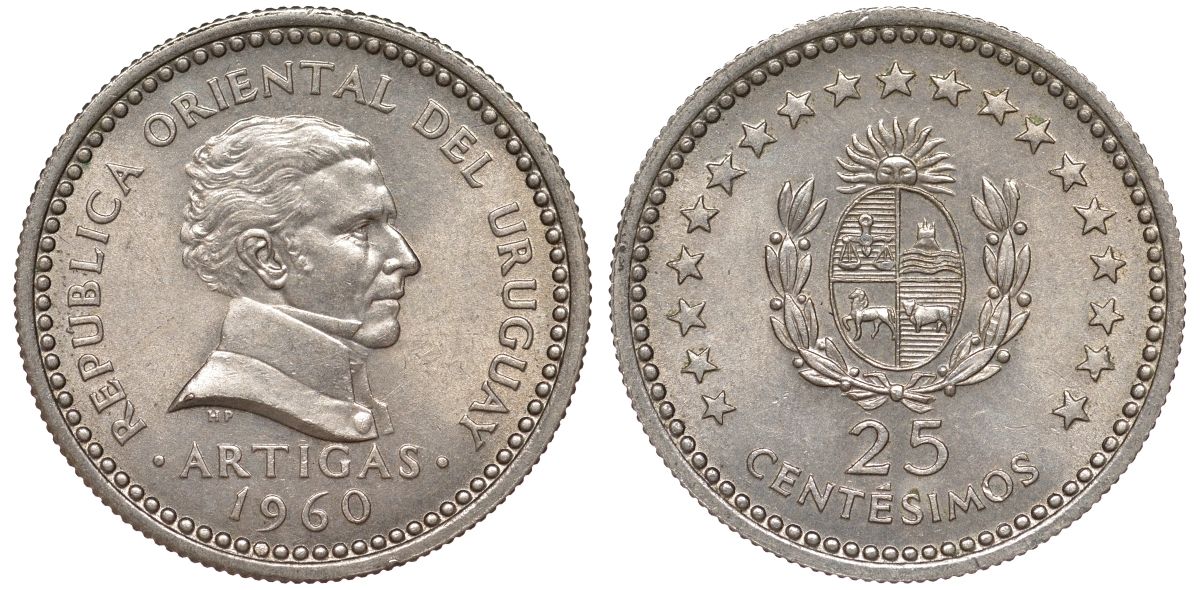 Уругвай 25 сентесимо 1960 KM 40 медно-никель 4576-835