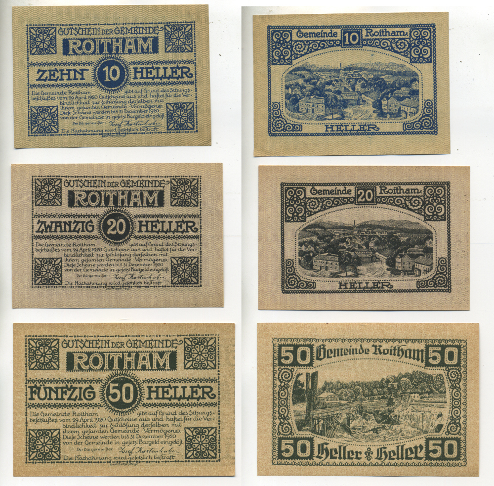 АВСТРИЯ НАБОР ИЗ 3 БАНКНОТ 1920 29 АПРЕЛЯ 1920-31 ДЕКАБРЯ 1920, НОТГЕЛЬД, 10, 20, 50 ГЕЛЛЕРОВ, ROITHAM бумага aUNC 7203-83-2