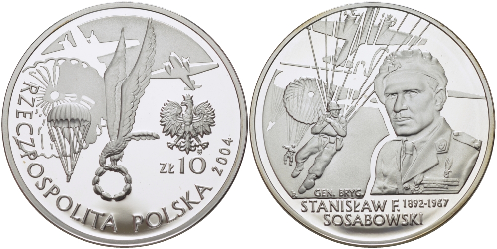 Польша 10 злотых 2004 MW, бригадный генерал Станислав Сосабовский (1892-1967) KM 500 серебро PROOF 1074-8-25