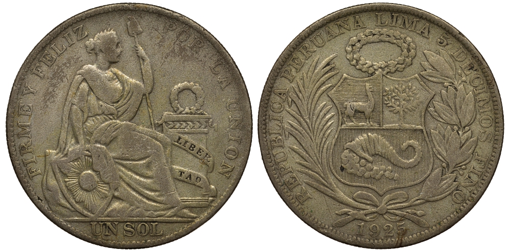 Перу 1 соль 1925 KM 218.2 серебро 272-843
