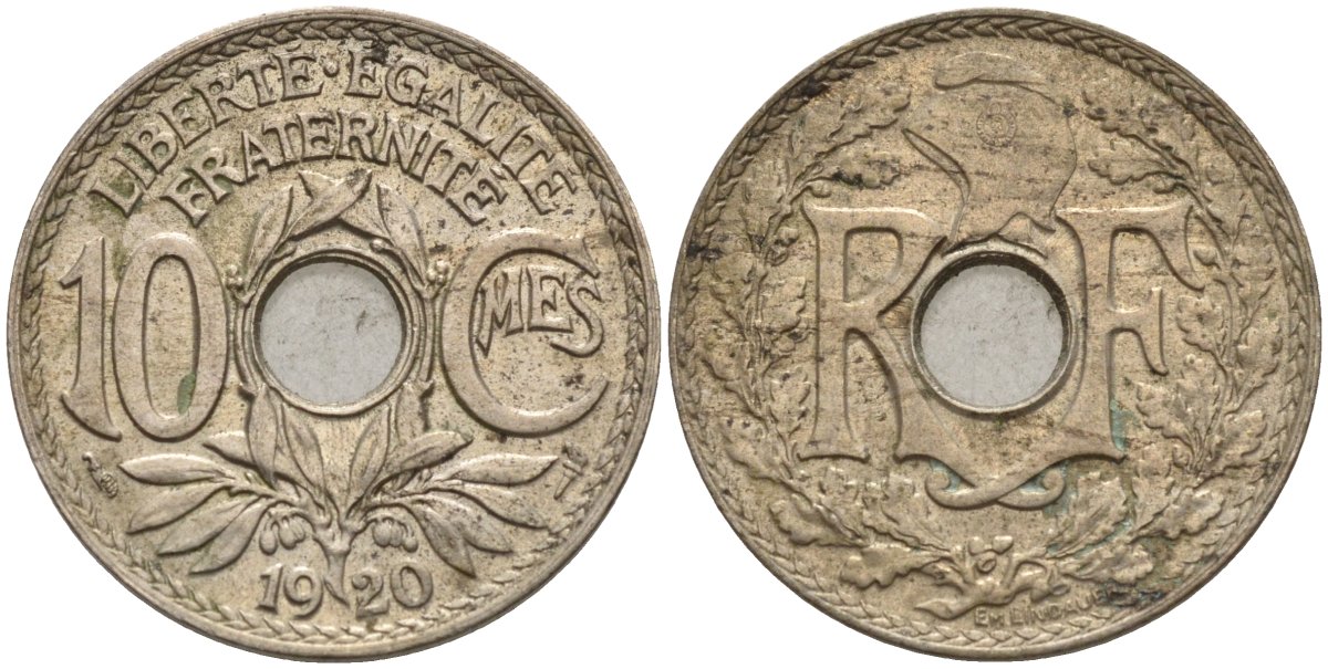 Франция 10 сантимов 1920 KM 866a, Le Franc 138.3 медно-никель 4143-853