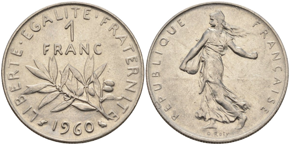 Франция 1 франк 1960 сеятель KM 925.1, Le Franc 226.4 никель 4142-1013
