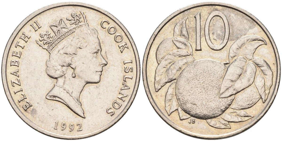 Острова Кука 10 центов 1992 Елизавета II (1952-), апельсин KM 34 медно-никель 4126-1243