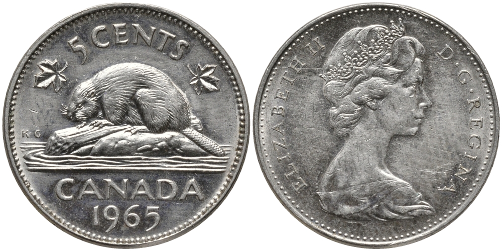 Канада 5 центов 1965 Елизавета II (1952-2022), бобер KM 60.1 никель аUNC 4385-413