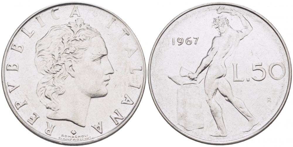 ИТАЛИЯ 50 ЛИР 1967 R КУЗНЕЦ KM 95.1 сталь 3718-426