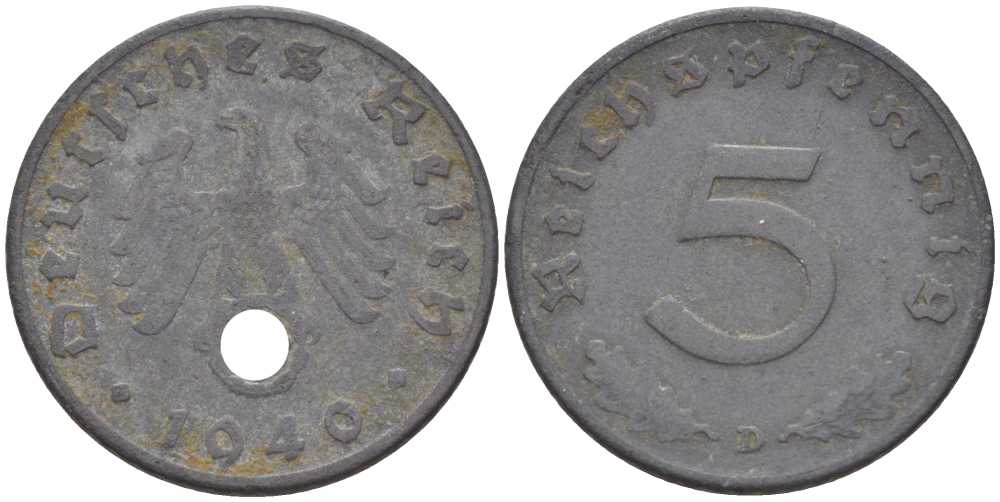 ГЕРМАНИЯ 5 РЕЙХСПФЕННИГОВ 1940 D KM 100, J. 370 цинк 211-524
