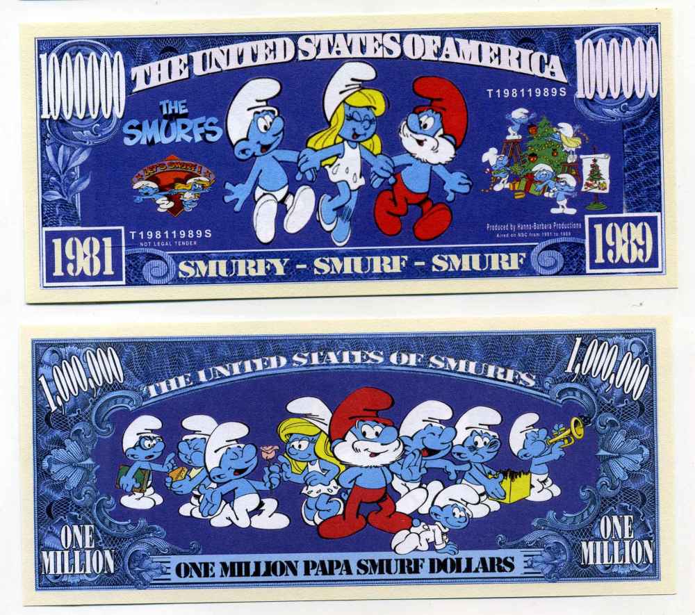 США 1000000 ДОЛЛАРОВ ND СУВЕНИРНАЯ БАНКНОТА, (1981-1989) МУЛЬТСЕРИАЛ СЕМЕЙКА СМУРФИ, SMURFY-SMURF-SMURF бумага UNC (ПРЕСС) 8588-15-4-2