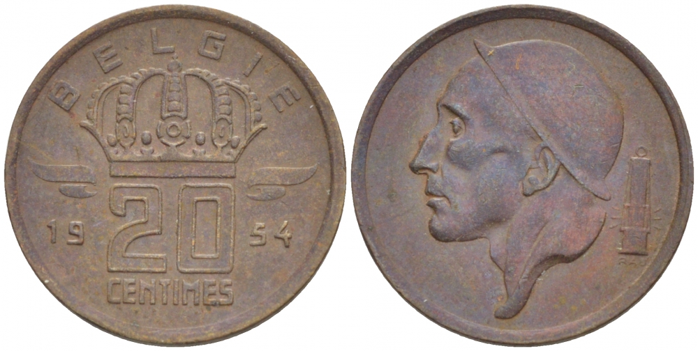 БЕЛЬГИЯ 20 САНТИМОВ 1954 BELGIE KM 147.1 бронза 4532-113