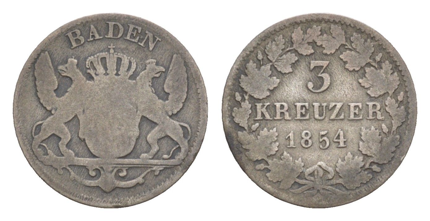 Баден 3 крейцера 1854 Леопольд (1830-1852), редкий год KM 211 серебро 1518-322