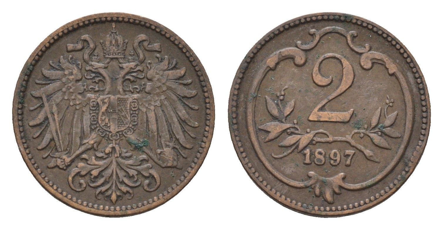 Австрия 2 геллера 1897 Франц Иосиф I (1848-1916) KM 2801 бронза 4702-139