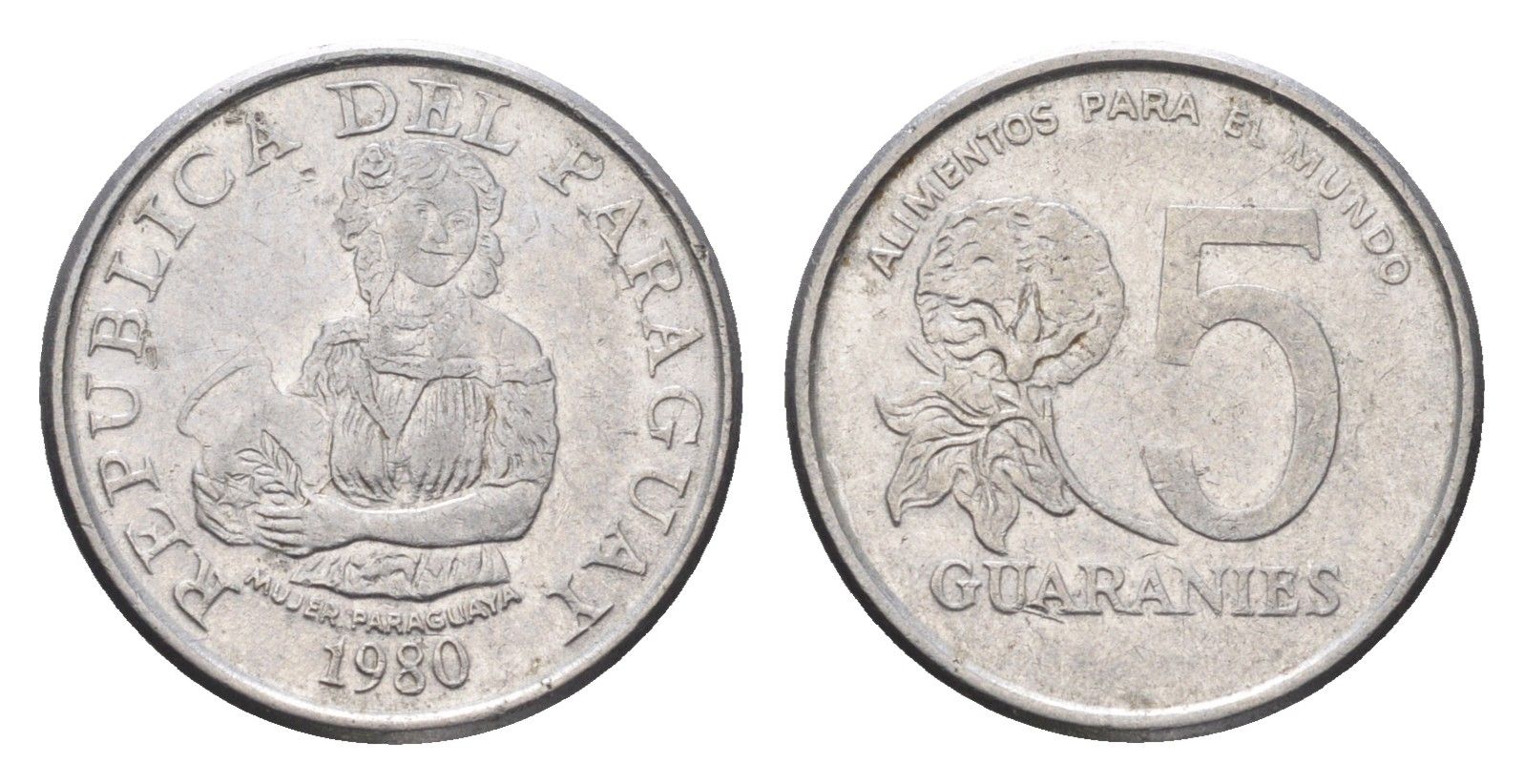 Парагвай 5 гуарани 1980 KM 166 нержавеющая сталь 4668-965
