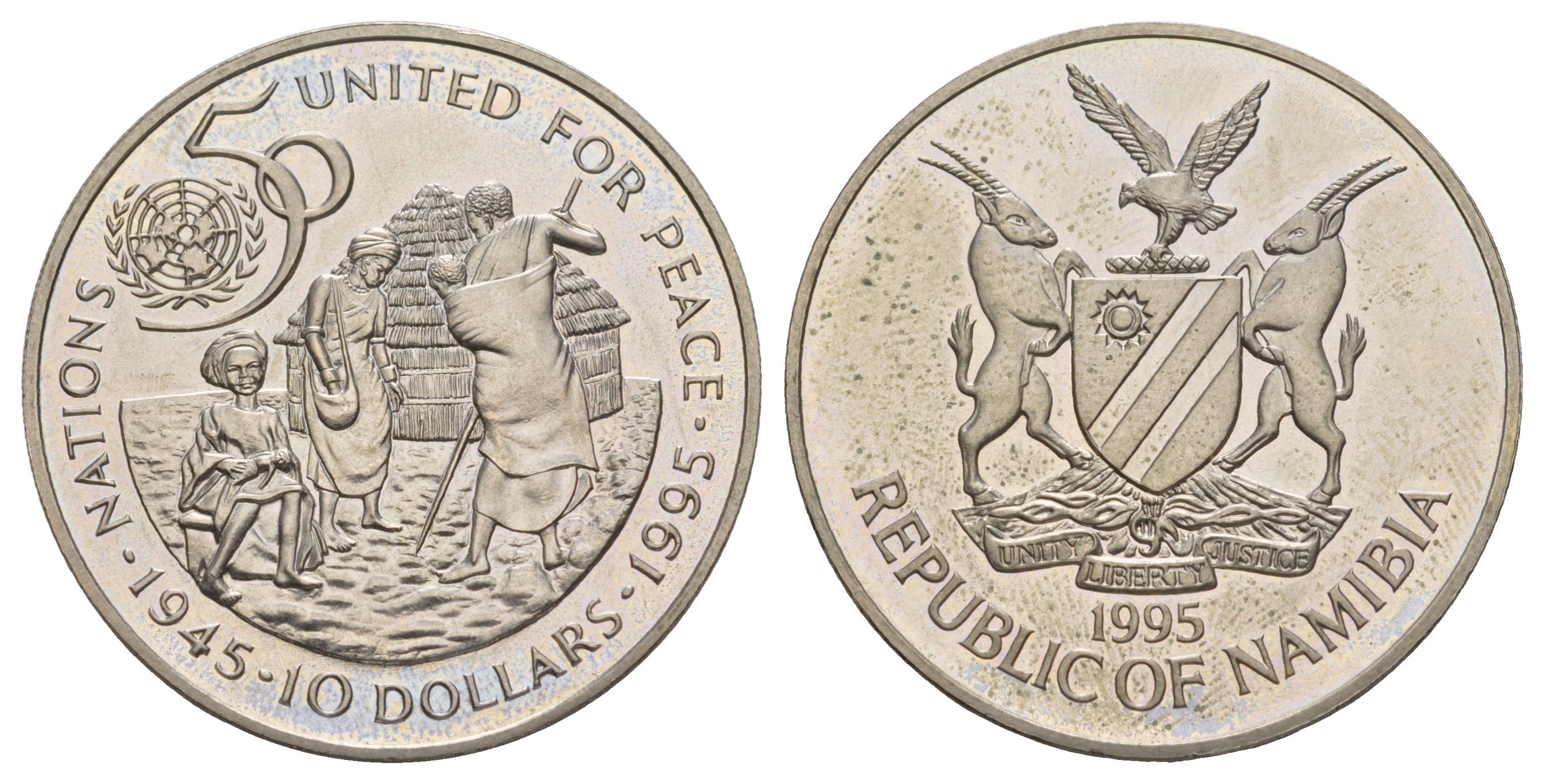Намибия 10 долларов 1995 50 лет Организации Объединенных Наций (ООН) KM 9 медно-никель BU 413-3324