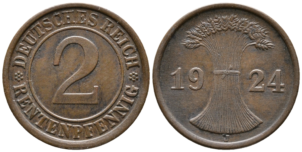 ГЕРМАНИЯ 2 РЕНТЕНПФЕННИГА 1924 J KM 31, J. 307 бронза 24-622