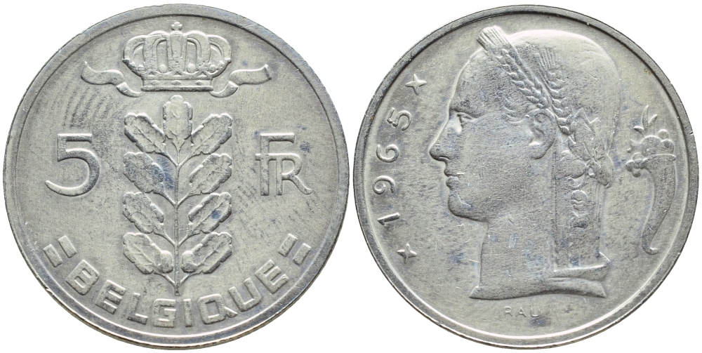БЕЛЬГИЯ 5 ФРАНКОВ 1965 BELGIQUE KM 134.1 медно-никель 3999-1332