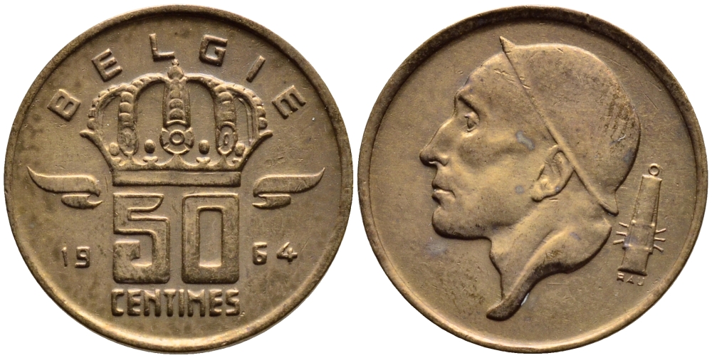 БЕЛЬГИЯ 50 САНТИМОВ 1964 BELGIE KM 149.1 бронза 4392-834