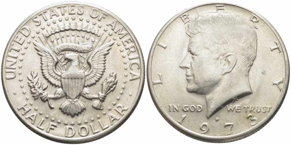 США 1/2 доллара (50 центов) 1973 D, Джон Кеннеди KM 202b медь плакированная медно-никелем 84-135