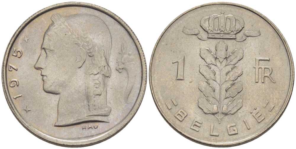 Бельгия 1 франк 1975 Belgie, Бодуэн I (1951-1993) KM 143.1 медно-никель 202-1055