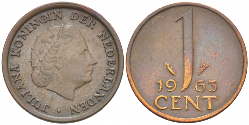 Нидерланды 1 цент 1963 Юлиана (1948-1980) KM 180 бронза 3457-1017