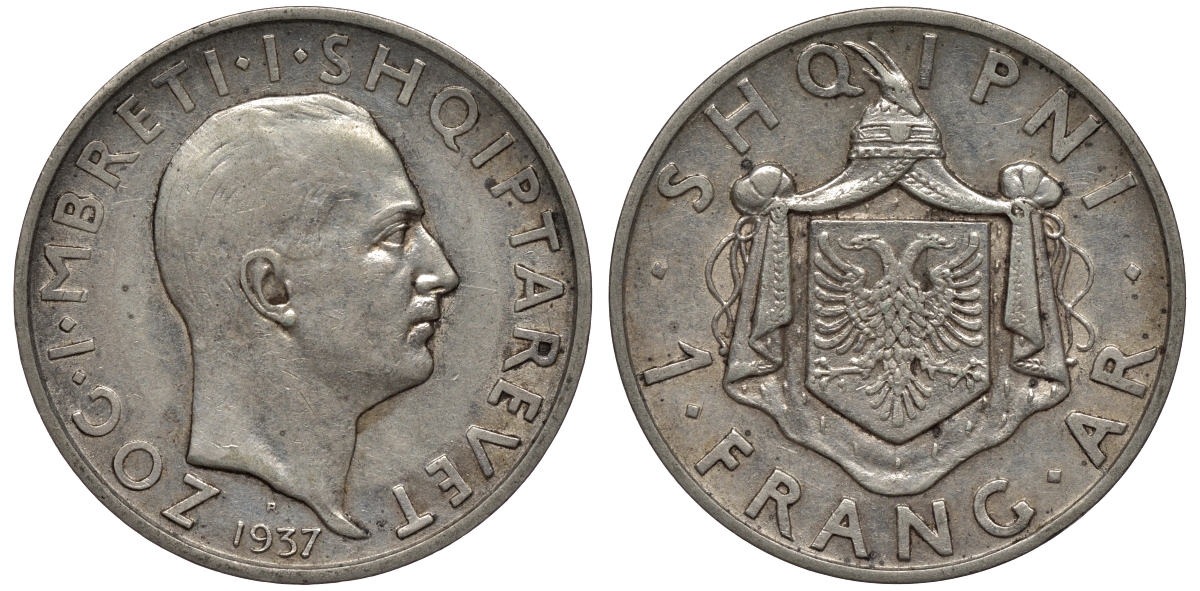 Албания 1 франга ари 1937 R, Ахмет Зогу I (1928-1939) KM 16 серебро 1526-1223