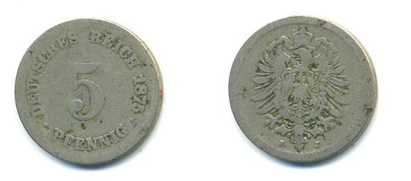 ГЕРМАНИЯ 5 ПФЕННИГОВ 1875 J, СТАРОГЕРБОВКА KM 3, J.3 медно-никель 4379-325