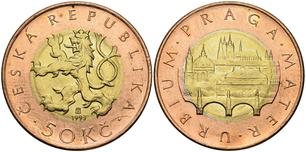 ЧЕХИЯ 50 КРОН 1993 ПРАГА, КАРЛОВ МОСТ KM 1 биметалл UNC 540-531