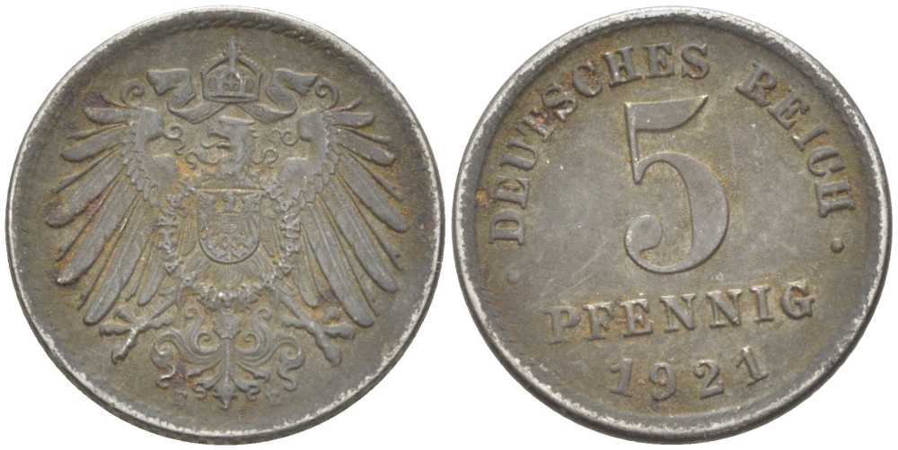 ГЕРМАНИЯ 5 ПФЕННИГОВ 1921 E KM 19, J. 297, Weege 5 железо 206-741