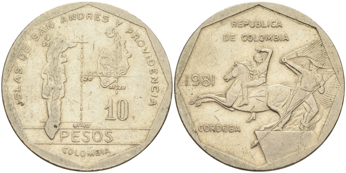 Колумбия 10 песо 1981 KM 270 медь никель цинк 81-142