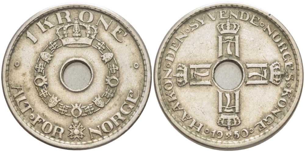 НОРВЕГИЯ 1 КРОНА 1950 ХОКОН VII (1905-1957) KM 385 медно-никель 4402-131