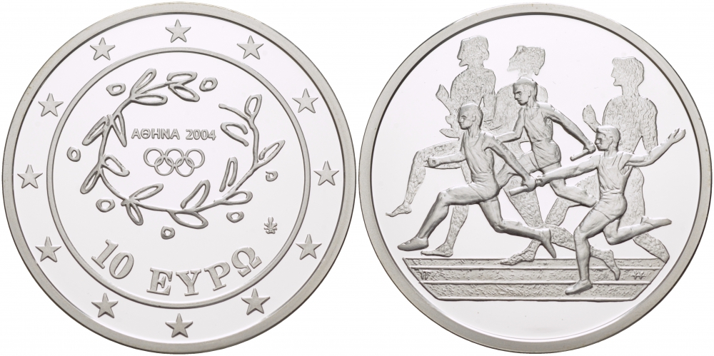 Греция 10 евро 2003 XXVIII летние Олимпийские игры 2004 года в Афинах, легкая атлетика, эстафета KM 196 серебро PROOF 11-178-42