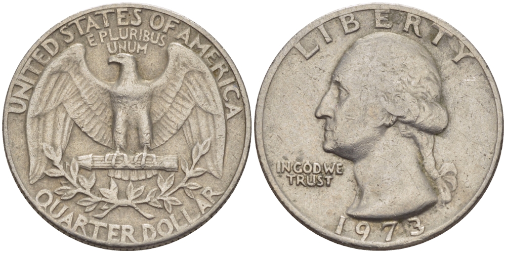 США 25 центов (квотер) 1973 Вашингтон KM 164а медь плакированная медно-никелем 31-723