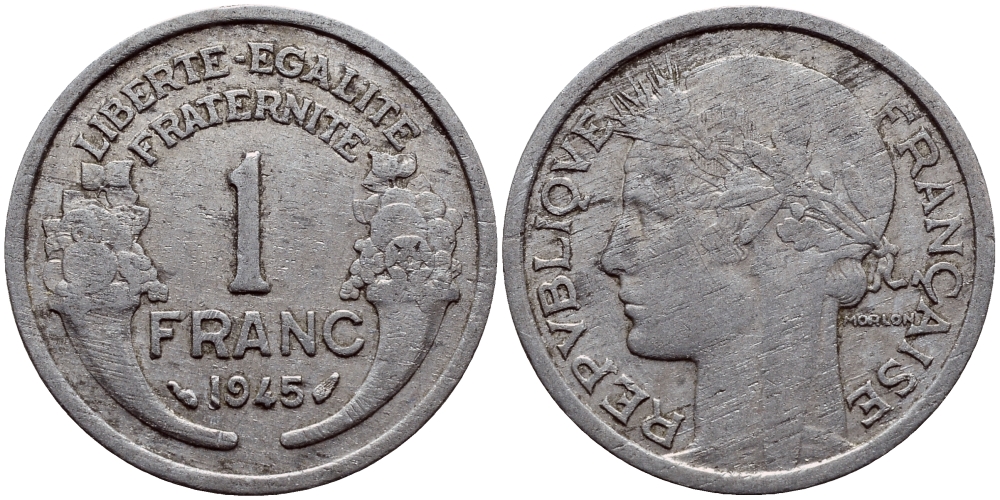 ФРАНЦИЯ 1 ФРАНК 1945 KM 885а.1 алюминий 23-842