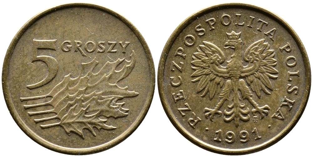 ПОЛЬША 5 ГРОШЕЙ 1991 MW KM 278 латунь 4387-645
