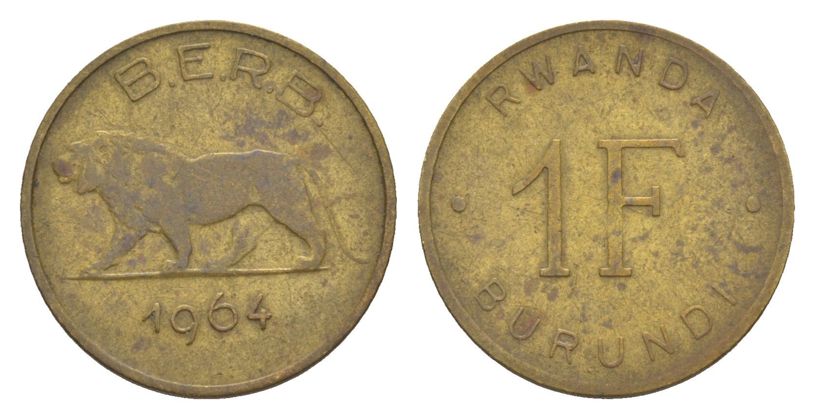Руанда-Бурунди 1 франк 1964 редкий год KM 1 латунь 4647-1229