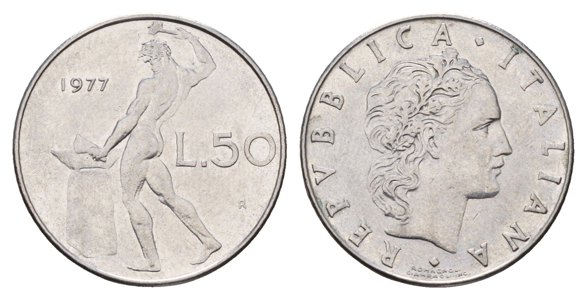 Италия 50 лир 1977 R, бог огня Вулкан у наковальни KM 95.1 нержавеющая сталь 3336-755
